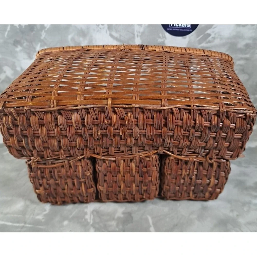 Vtg Wicker Silverware Caddy Flatware Napkin  Holder Organizer Rattan BOHO decor